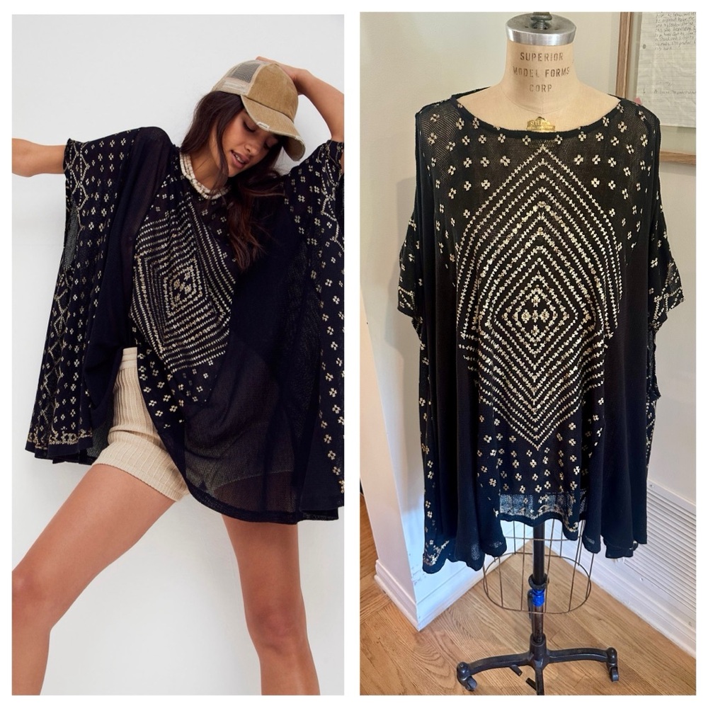 Free People Next To You Top, Tunic, Cover-up, Poncho in Black & Gold, Sm